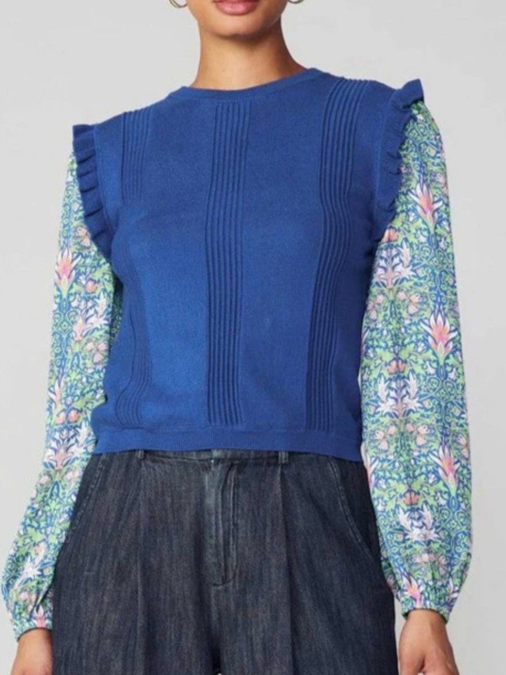 Blue Ruffled Shoulder Knit Pullover with Floral Sleeves
